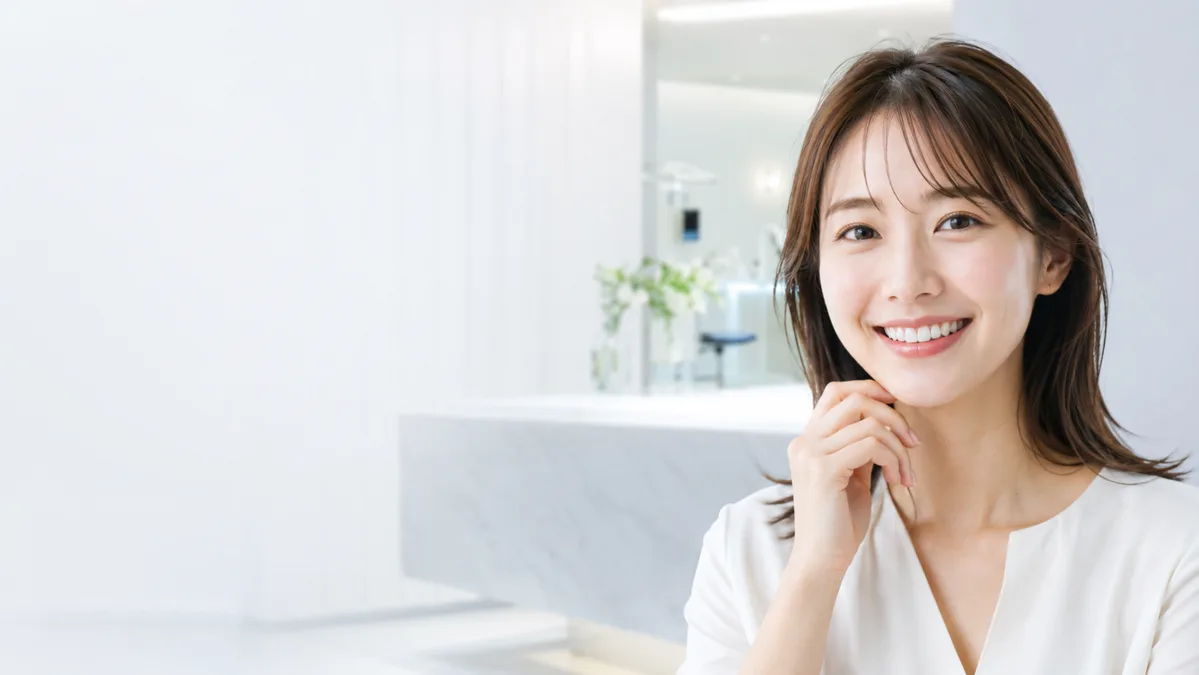 白い歯を見せて微笑む女性とホワイトニングのイメージ