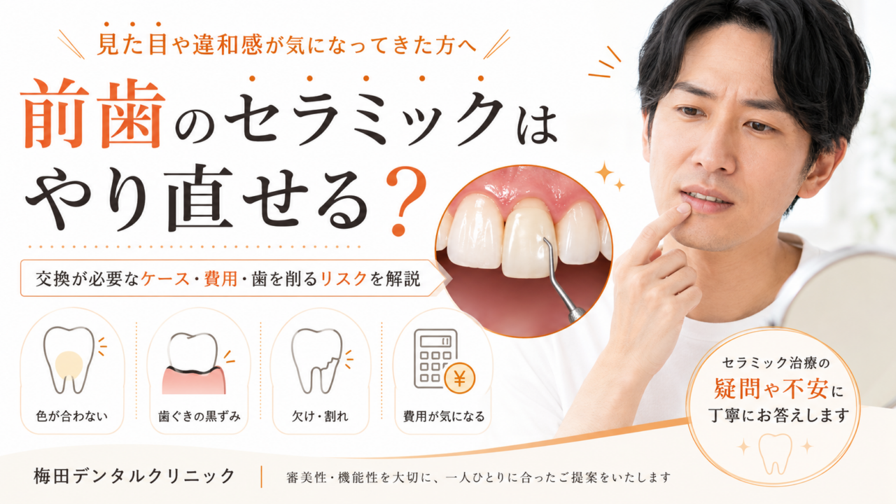 前歯のセラミックはやり直せる？交換が必要なケース・費用・歯を削るリスクを解説