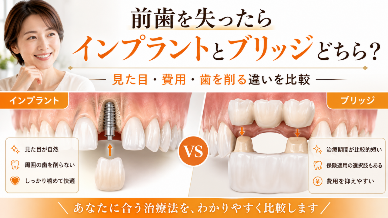 前歯を失ったらインプラントとブリッジどちら？見た目・費用・歯を削る違いを比較