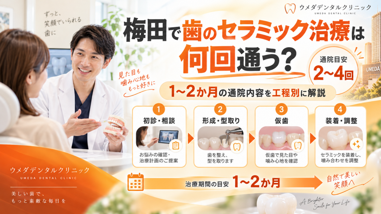 梅田で歯のセラミック治療は何回通う?1〜2か月の通院内容を工程別に解説