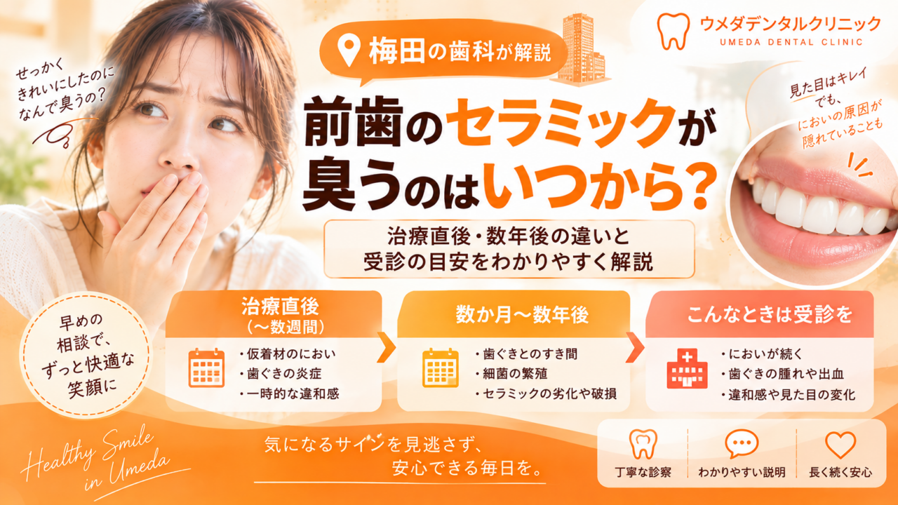 前歯のセラミックが臭うのはいつから?治療直後・数年後の違いと受診の目安を梅田の歯科が解説
