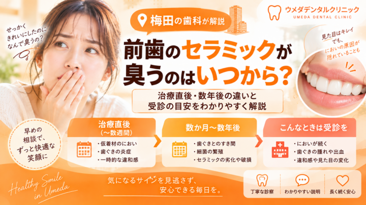 前歯のセラミックが臭うのはいつから？治療直後・数年後の違いと受診の目安を梅田の歯科が解説