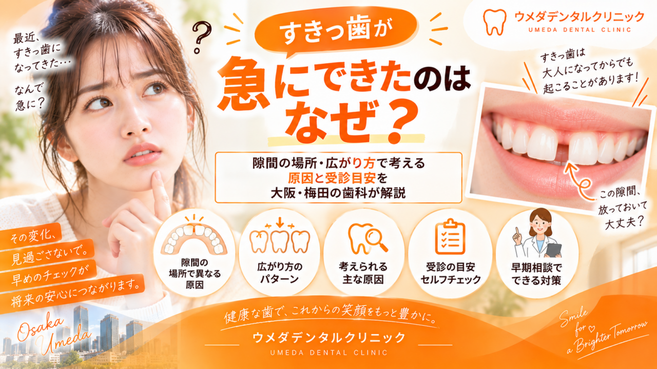 すきっ歯が急にできたのはなぜ？隙間の場所・広がり方で考える原因と受診目安を大阪・梅田の歯科が解説
